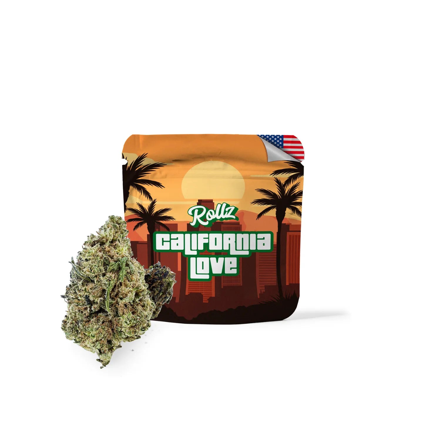 California Love THCA indoor flowers—dense light-green dried cannabis flower on neutral background; ROLLZ own production.