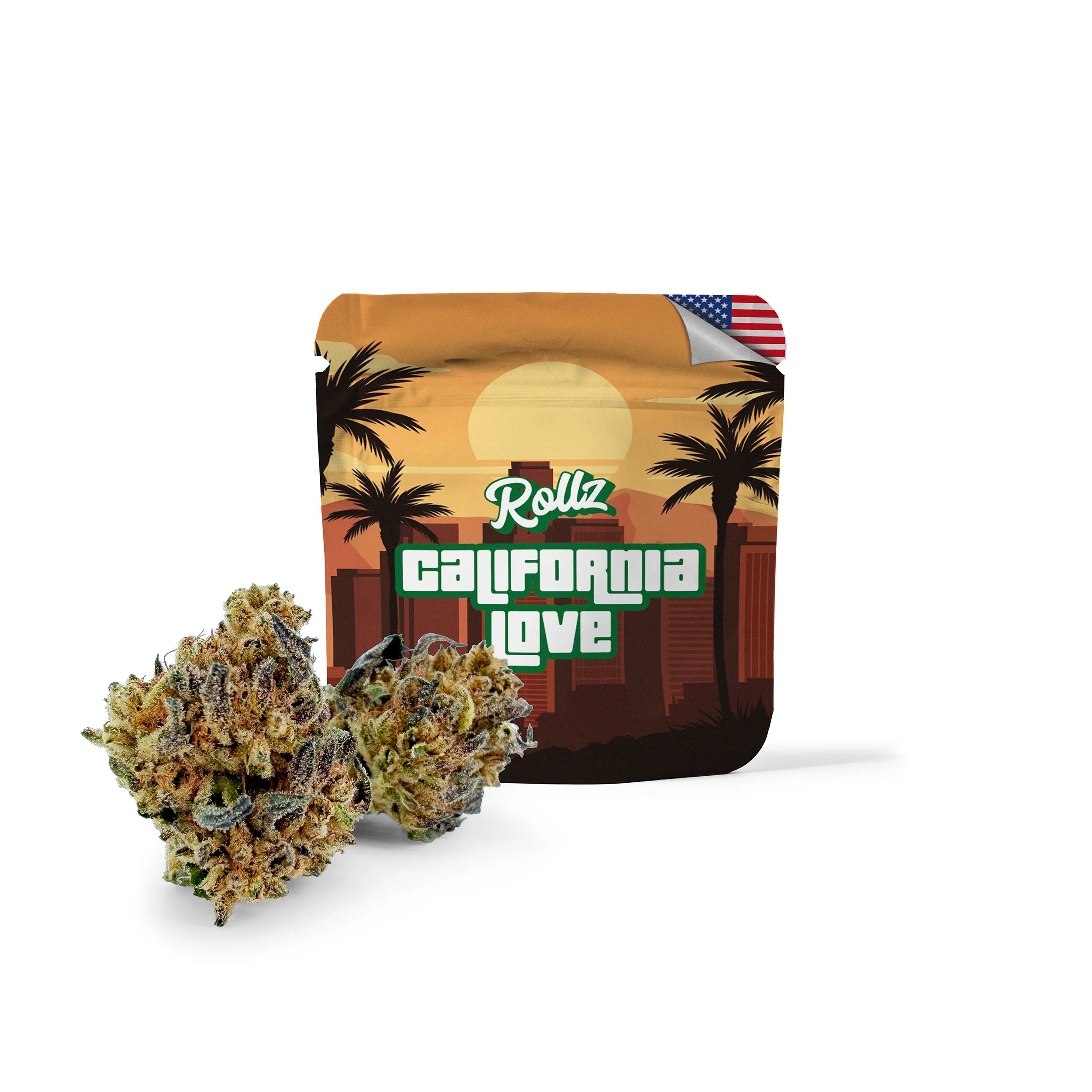 California Love THCA indoor flowers—dense light-green dried cannabis flower on neutral background; ROLLZ own production.