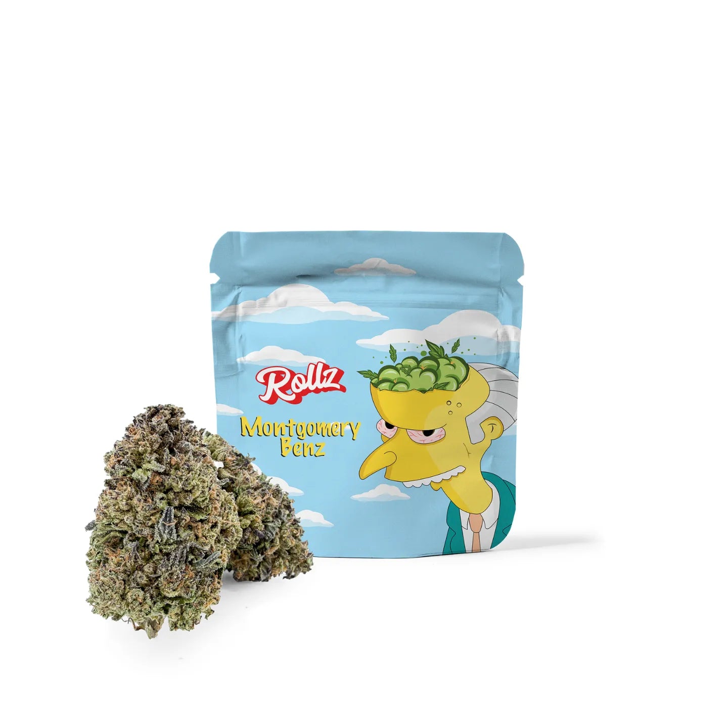 Rollz Montgomery Benz THCA indoor flower pouch with cartoon design and dried cannabis flower in front on a white background