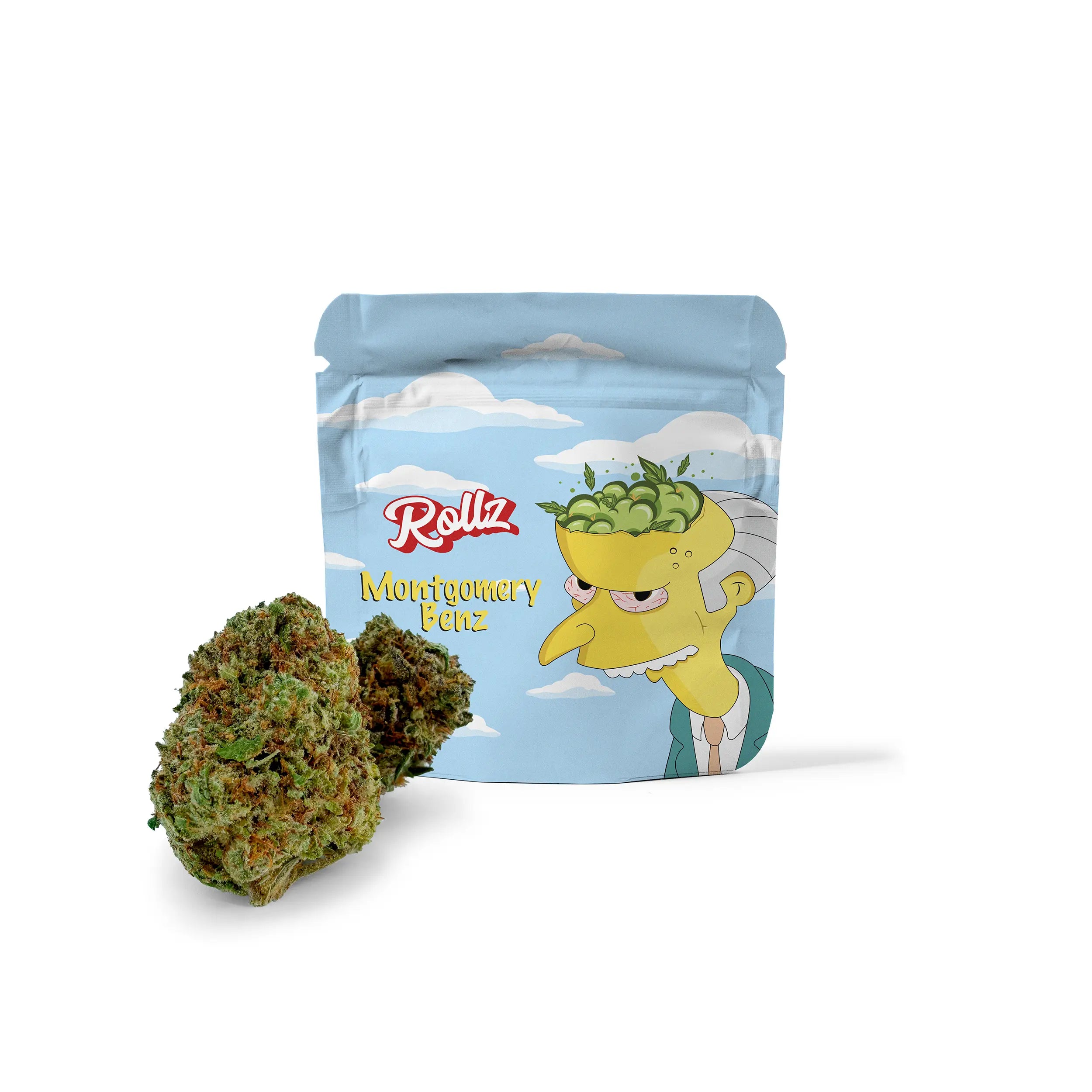 Rollz Montgomery Benz THCA indoor flower pouch with cartoon design and dried cannabis flower in front on a white background
