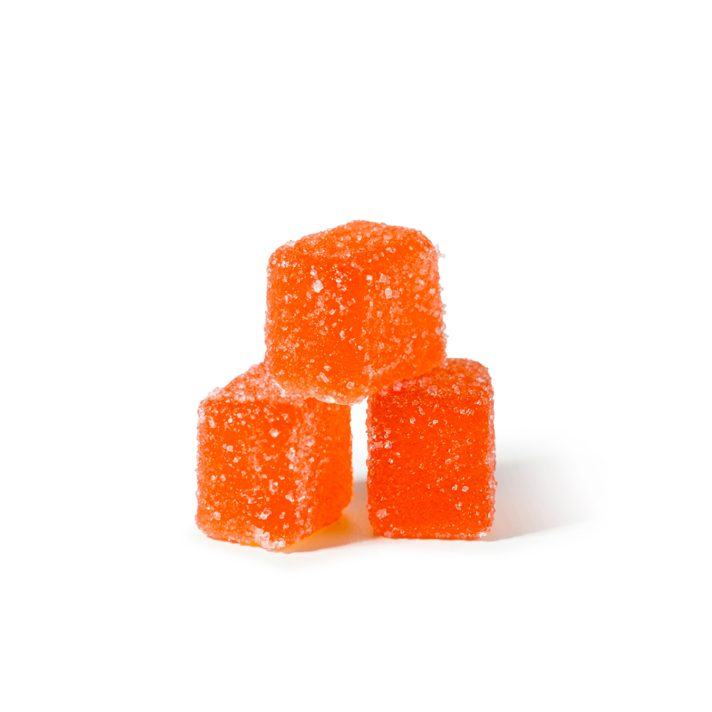 Pink package of Rollz Gummy Bears Raspberry with three orange gummies on a white background