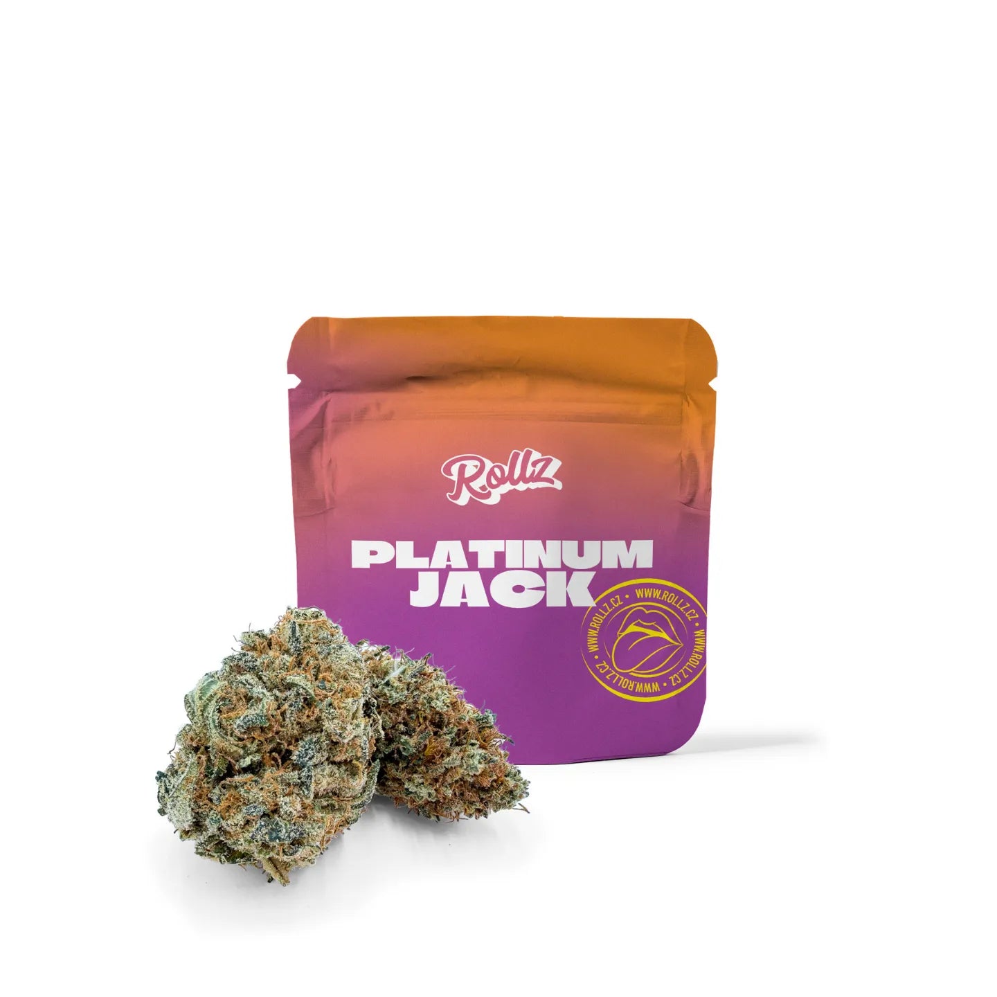 Platinum Jack CBD dried flower bag - premium doypack with buds in front, studio shot