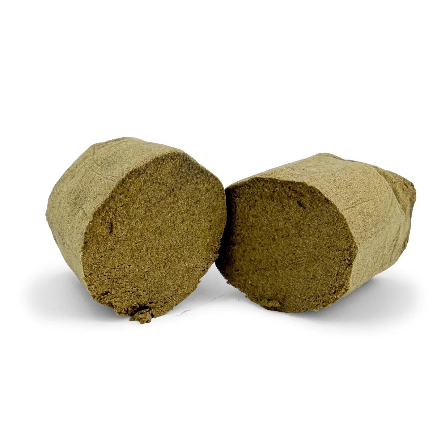 Golden Mousse 30% THCA HASH blocks with crumbly texture, placed beside a small clear jar with a white lid on a white background.