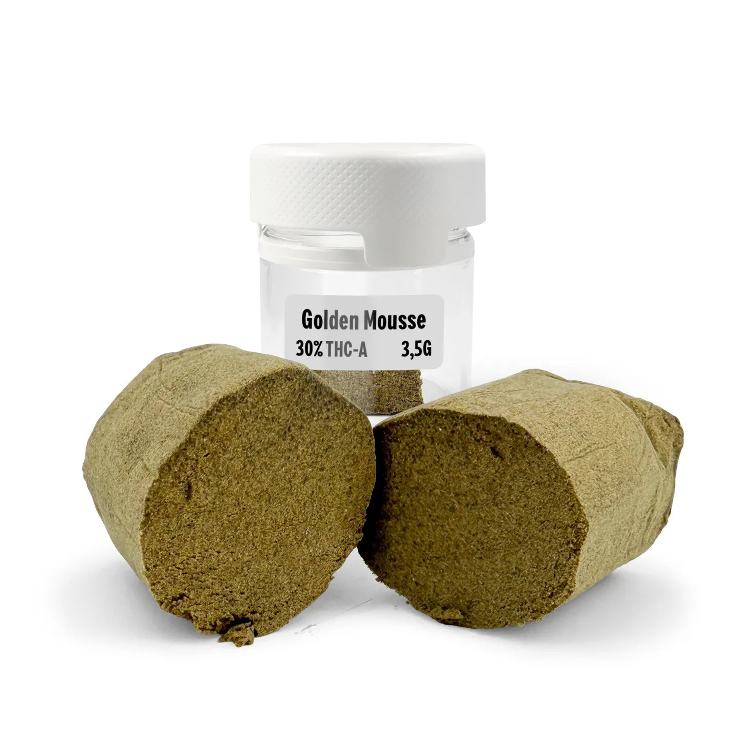 Golden Mousse 30% THCA HASH blocks with crumbly texture, placed beside a small clear jar with a white lid on a white background.