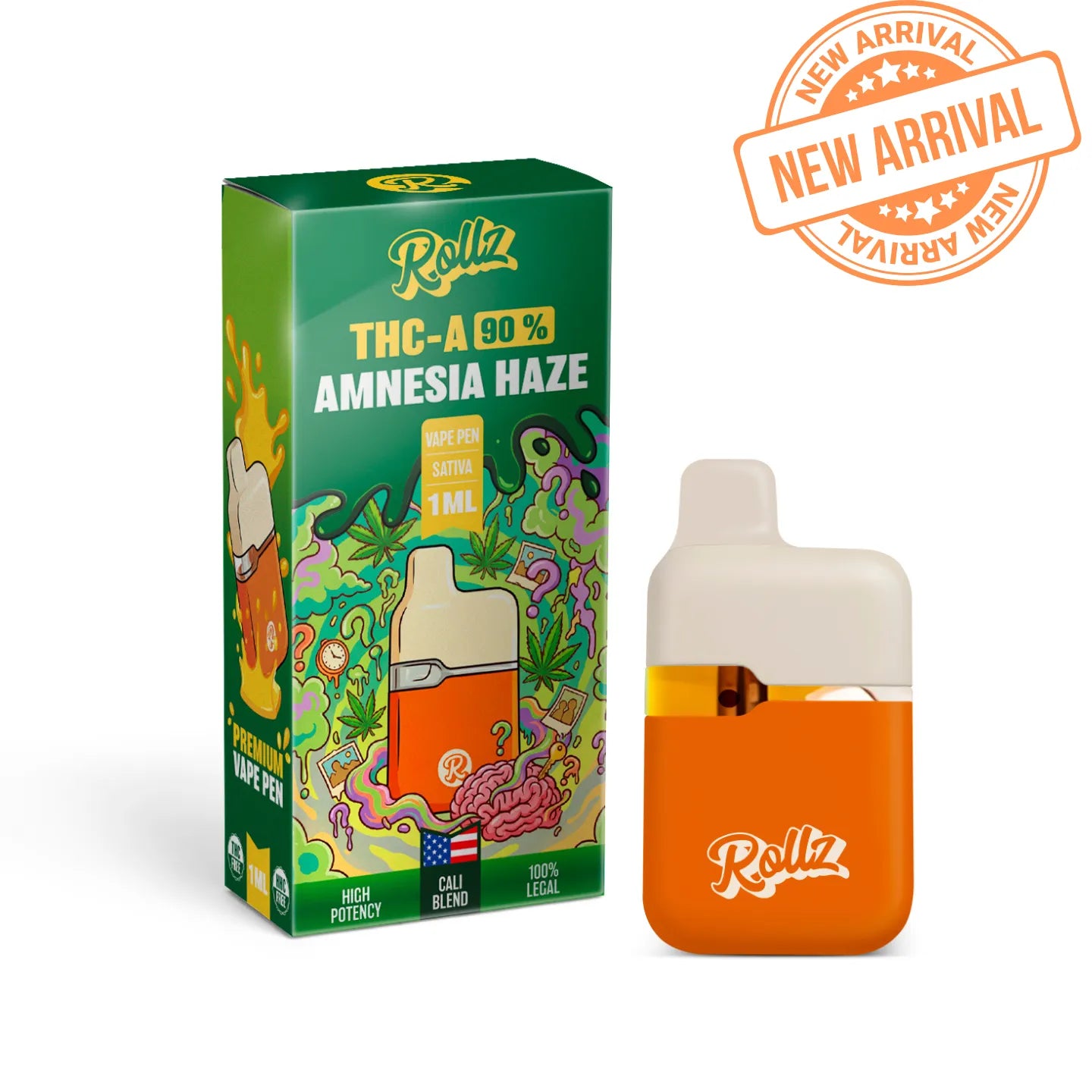ROLLZ Amnesia Haze THCA 90% vape pen 1ML with green packaging and New Arrival stamp