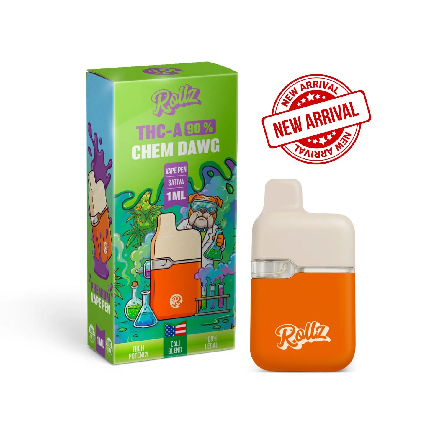 ROLLZ Chem Dawg THCA 90% vape pen 1ML with green box and orange vape device