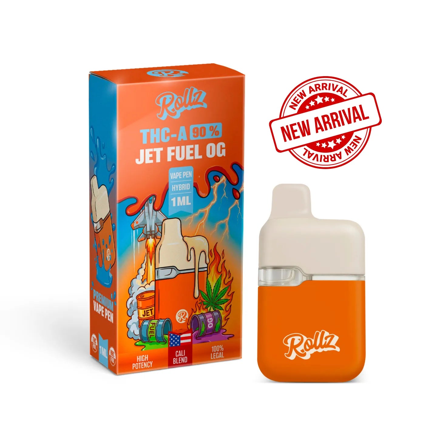 ROLLZ Jet Fuel OG THCA 90% vape pen 1ML with orange packaging and New Arrival badge