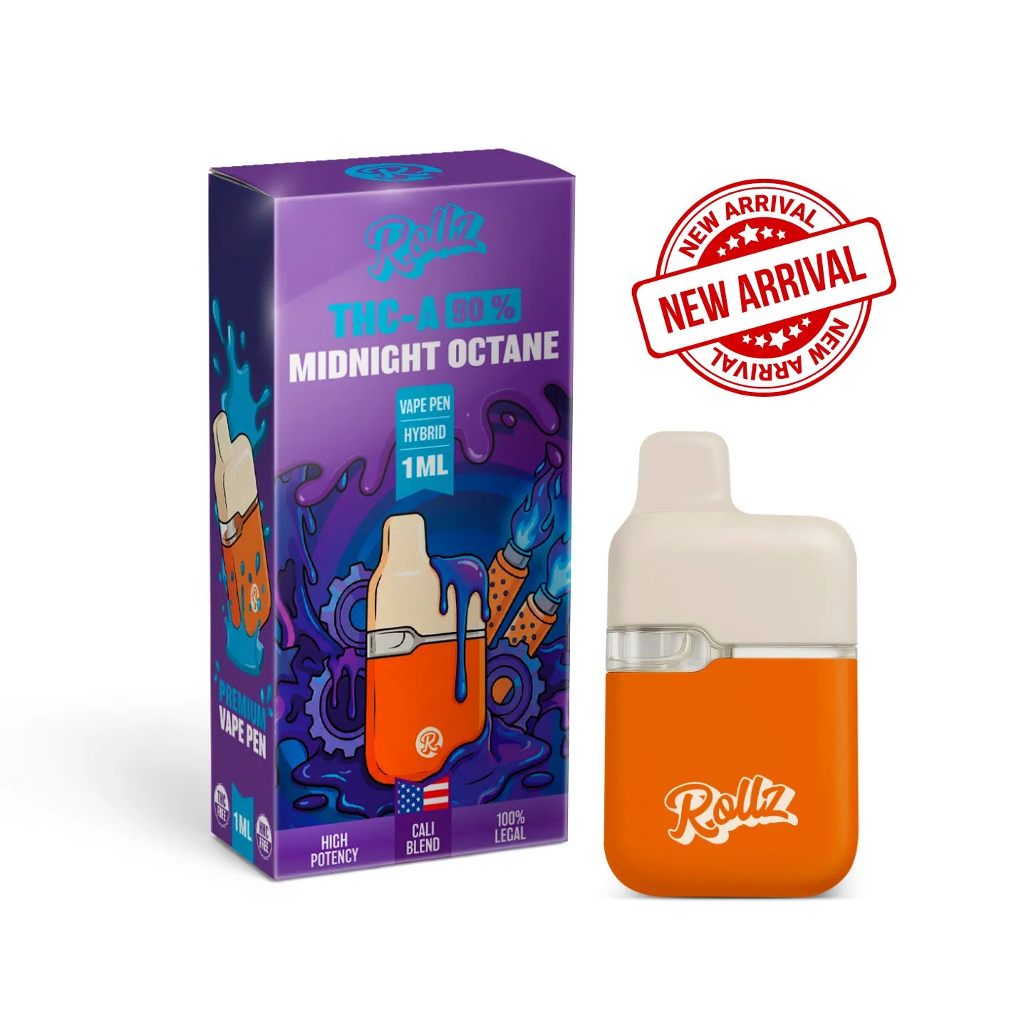 ROLLZ Midnight Octane THCA 90% vape pen 1ML with purple box and orange vape pen