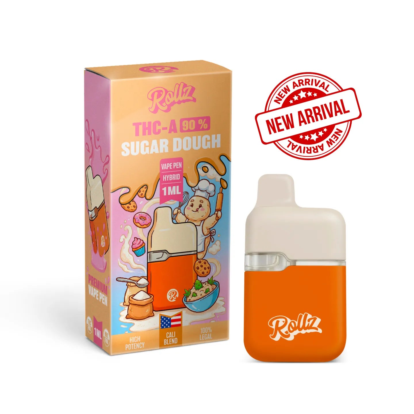 ROLLZ Sugar Dough THCA 90% vape pen 1ML with pastel packaging and orange device