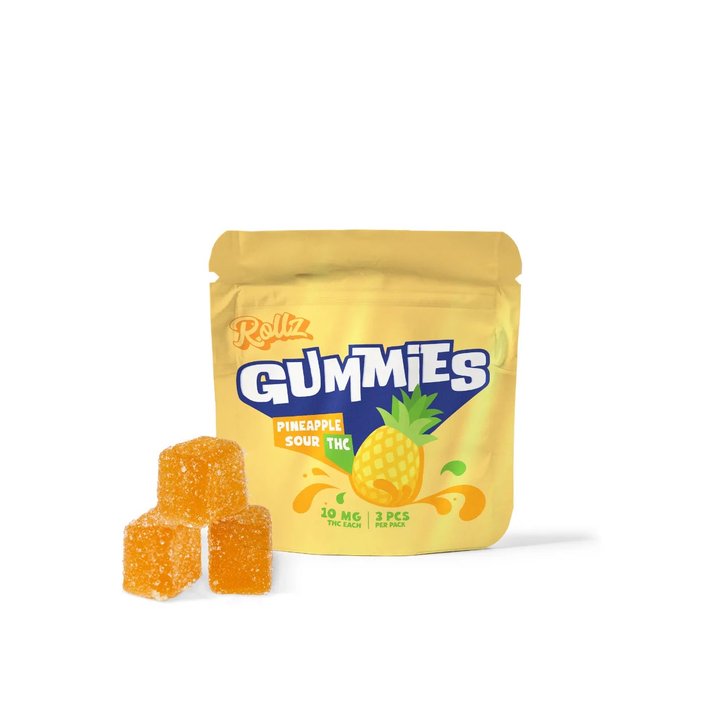 Pink package of Rollz Gummy Bears Pineapple with three pineapple gummies on a white background