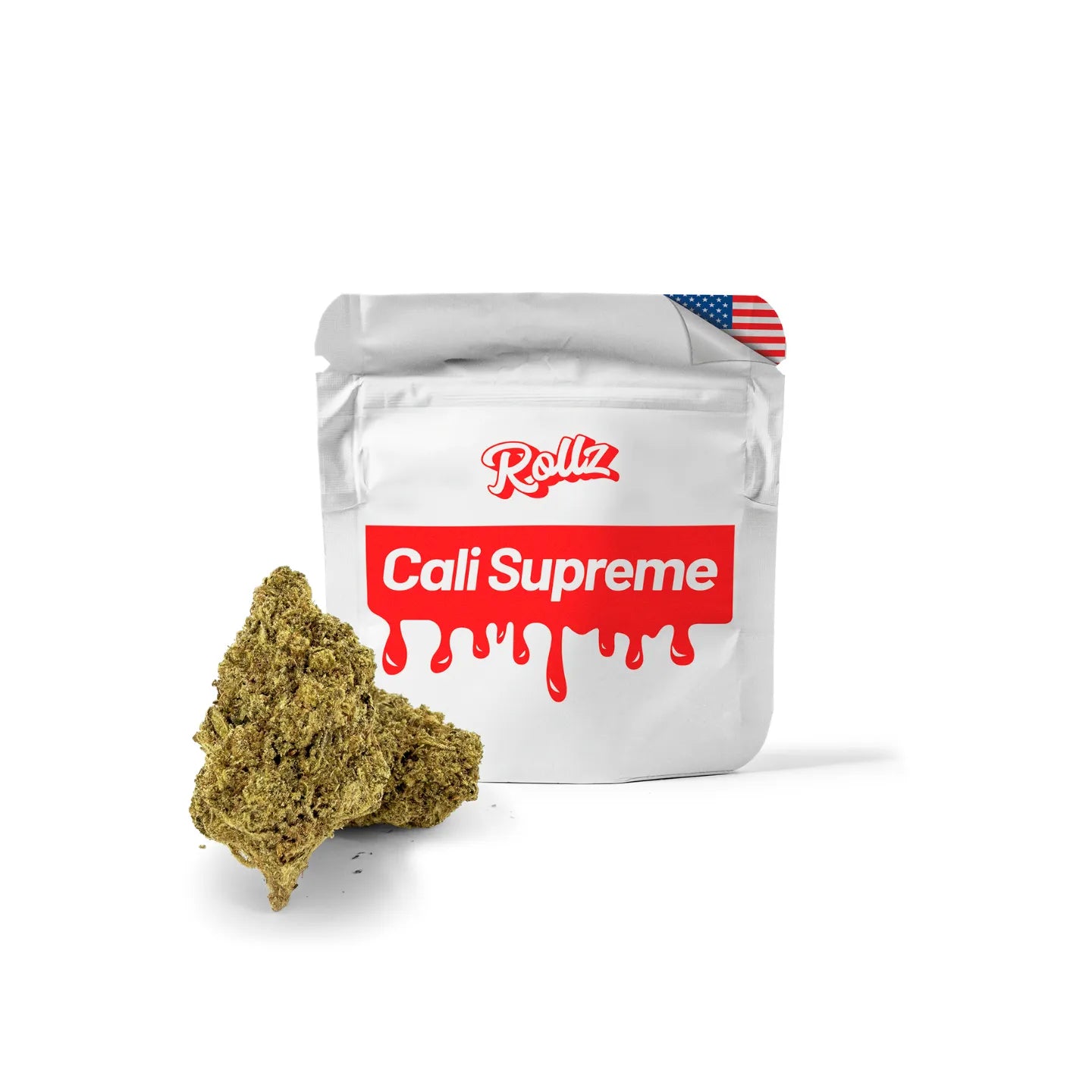 ROLLZ Cali Supreme THCA flower with silver pouch and premium green buds