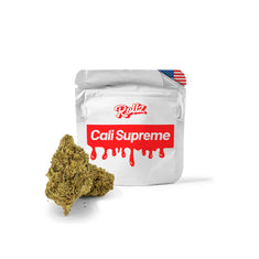 ROLLZ Cali Supreme THCA flower with silver pouch and premium green buds