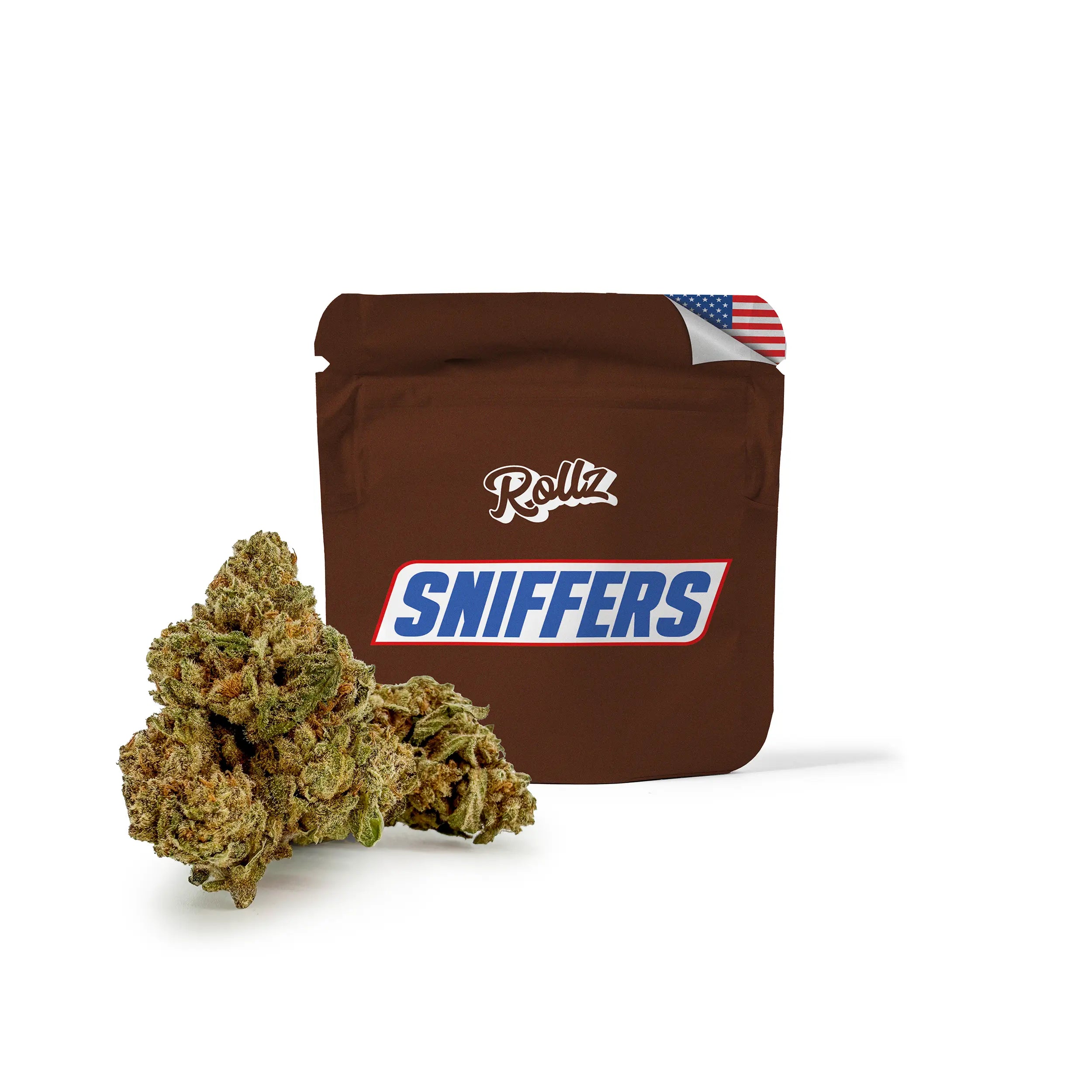 ROLLZ Sniffers THCA flower with brown pouch and premium green buds